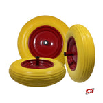 Carica l'immagine nel visualizzatore Galleria, Ruota antiforatura PER CARRIOLE in nucleo in LAMIERA | 14“x3.50-8 | 360x85 | Foro a boccola di 12 mm | Battistrada A | Asse M12X210 | FFP2603-1Y