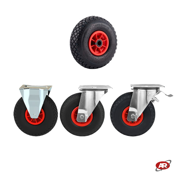 Ruote pneumatiche | PR1805-4 | Per CARRELLI industriali con SUPPORTO a Piastra | Rotella pneumatica FISSA | Rotella pneumatica  GIREVOLE | Rotella pneumatica GIREVOLE CON FRENO | Nucleo in PLASTICA | 10“x3.00-4 | 260 x 85 | Portata 140 Kg