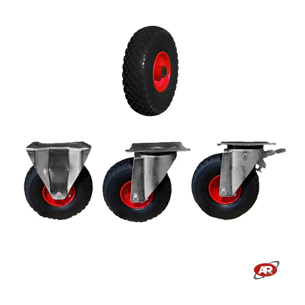 Ruote ANTIFORATURA | FFP1107 | Per CARRELLI industriali con SUPPORTO a Piastra | Rotella imperforabile FISSA | Rotella imperforabile GIREVOLE | Rotella imperforabile GIREVOLE CON FRENO | Nucleo in PLASTICA | 10“x3.00-4 | 260 x 73 | Portata 80 Kg