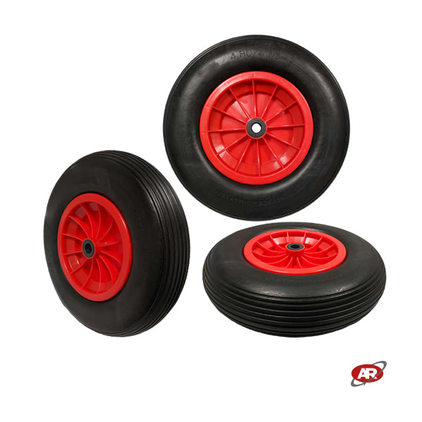 Roue increvable POUR BROUETTES avec noyau en plastique | 16“x4.00-8 | 400x85 | Bande de roulement A | Alésage de 20 mm pour bague ou cage à rouleaux