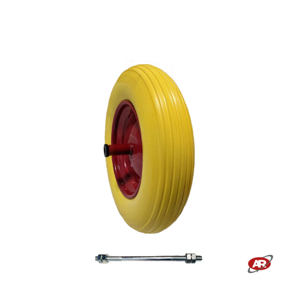 Roue increvable POUR BROUETTES avec noyau en TÔLE | 14"x3.50-8 | 360x85 | Trou de bague de 12 mm | Bande de roulement A | Axe M12X210 | FFP2603-1Y