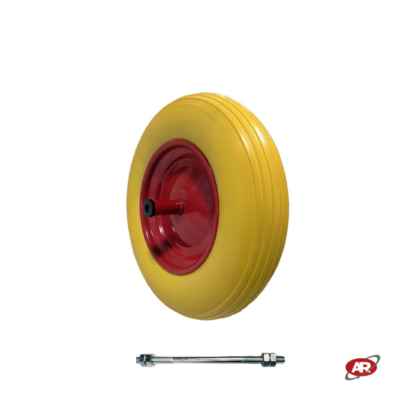 Roue increvable POUR BROUETTES avec noyau en TÔLE | 14"x3.50-8 | 360x85 | Trou de bague de 12 mm | Bande de roulement A | Axe M12X210 | FFP2603-1Y