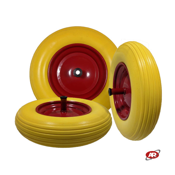 Roue increvable POUR BROUETTES avec noyau en TÔLE | 14"x3.50-8 | 360x85 | Trou de bague de 12 mm | Bande de roulement A | Axe M12X210 | FFP2603-1Y