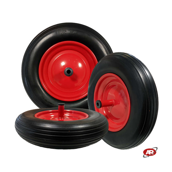 Ruota antiforatura PER CARRIOLE in nucleo in LAMIERA | 14“x3.50-8 | 360x85 | Foro a boccola di 12 mm | Battistrada A | Asse M12X210 o M12X170