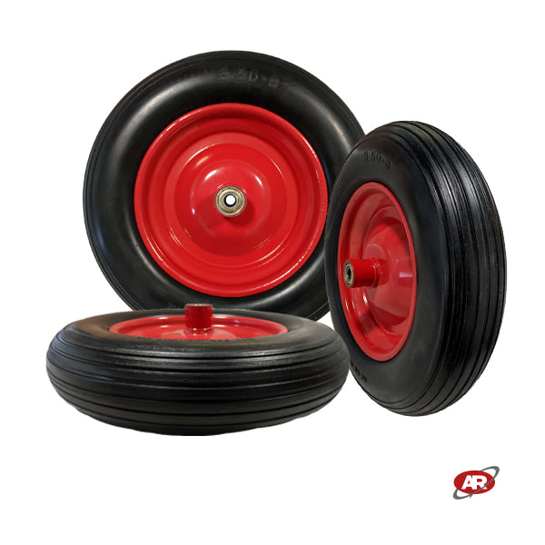 Roue increvable POUR BROUETTES avec noyau en TÔLE | 14"x3.50-8 | 360x85 | Alésage de roulement de 12 mm | Bande de roulement A | Axe M12X170 ou M12X210