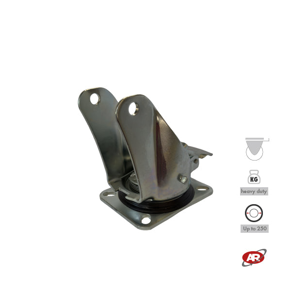 Heavy duty castors | Industrial-grade SWIVEL plate with BRAKE | 3.5/4 mm thick galvanized steel | For wheels up to Ø 250 mm, swivel castor and brake | Load capacity up to 800 kg