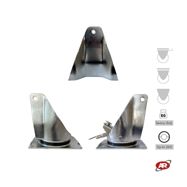 Roulettes robustes à plaque | Fixes | Pivotantes | Pivotantes avec frein | Type industriel | Acier galvanisé | Pour roues Ø 260 (3,00-4) | Charge admissible jusqu'à 500 kg