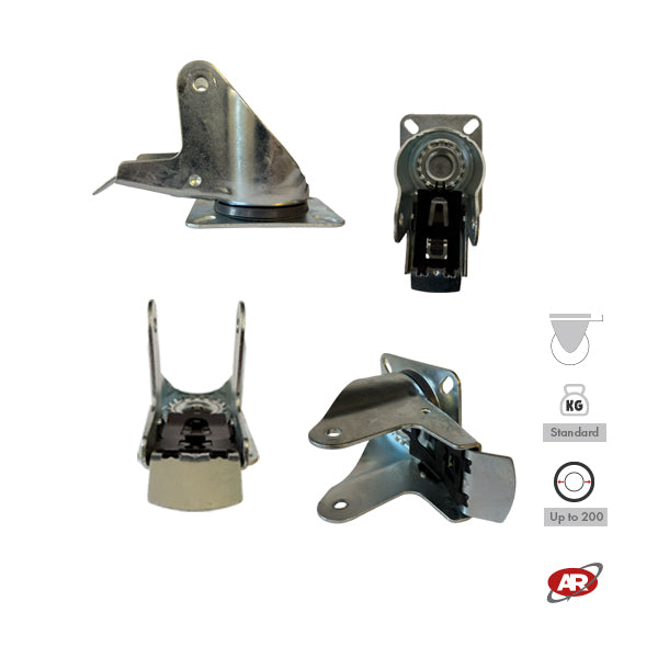 STANDARD/MEDIUM supports | Industrial-type SWIVEL plate with BRAKE | 2.5/3 mm thick galvanized steel | Load capacity up to 350 kg | For wheels up to Ø 200, swivel support with brake