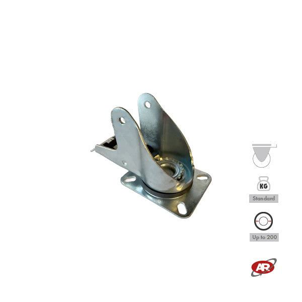 STANDARD/MEDIUM supports | Industrial-type SWIVEL plate with BRAKE | 2.5/3 mm thick galvanized steel | Load capacity up to 350 kg | For wheels up to Ø 200, swivel support with brake