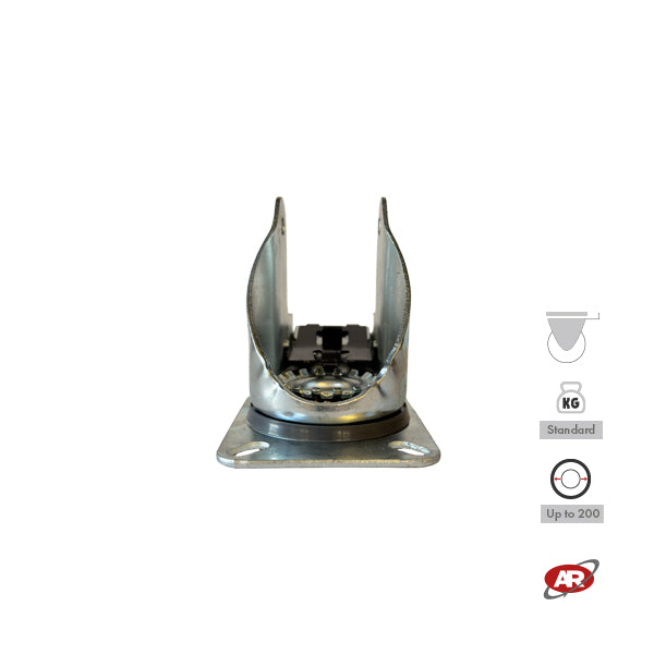 STANDARD/MEDIUM supports | Industrial-type SWIVEL plate with BRAKE | 2.5/3 mm thick galvanized steel | Load capacity up to 350 kg | For wheels up to Ø 200, swivel support with brake