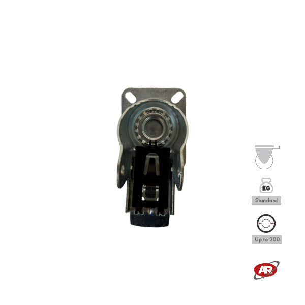 STANDARD/MEDIUM supports | Industrial-type SWIVEL plate with BRAKE | 2.5/3 mm thick galvanized steel | Load capacity up to 350 kg | For wheels up to Ø 200, swivel support with brake