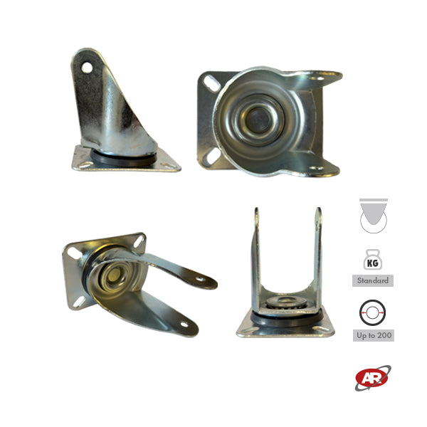 STANDARD/MEDIUM supports | Industrial-type SWIVEL plate | 2.5/3 mm thick galvanized steel | Load capacity up to 350 kg | For wheels up to Ø 200 mm, swivel support