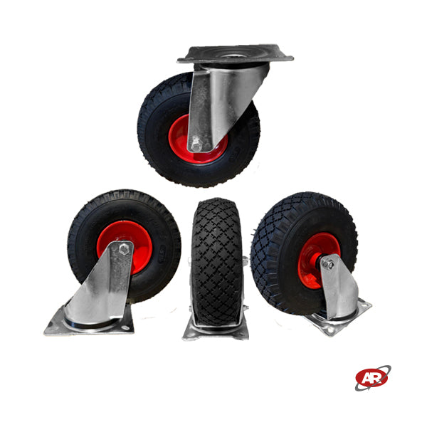 Ruote pneumatiche | PR1805-5 | Per CARRELLI industriali con SUPPORTO a Piastra | Rotella pneumatica FISSA | Rotella pneumatica  GIREVOLE | Rotella pneumatica GIREVOLE CON FRENO | Nucleo in LAMIERA VERNICIATA | 10“x3.00-4 | 260 x 85 | Portata 140 Kg