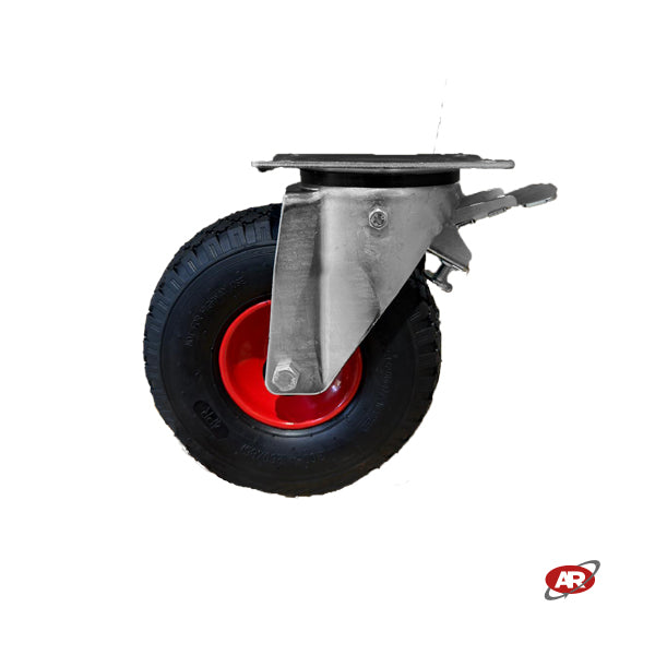 Ruote pneumatiche | PR1805-5 | Per CARRELLI industriali con SUPPORTO a Piastra | Rotella pneumatica FISSA | Rotella pneumatica  GIREVOLE | Rotella pneumatica GIREVOLE CON FRENO | Nucleo in LAMIERA VERNICIATA | 10“x3.00-4 | 260 x 85 | Portata 140 Kg