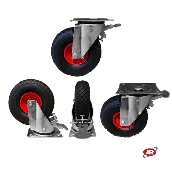 Ruote pneumatiche | PR1805-5 | Per CARRELLI industriali con SUPPORTO a Piastra | Rotella pneumatica FISSA | Rotella pneumatica  GIREVOLE | Rotella pneumatica GIREVOLE CON FRENO | Nucleo in LAMIERA VERNICIATA | 10“x3.00-4 | 260 x 85 | Portata 140 Kg