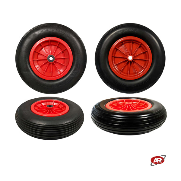 Roue increvable POUR BROUETTES avec noyau en plastique | 16“x4.00-8 | 400x85 | Bande de roulement A | Alésage de 20 mm pour bague ou cage à rouleaux