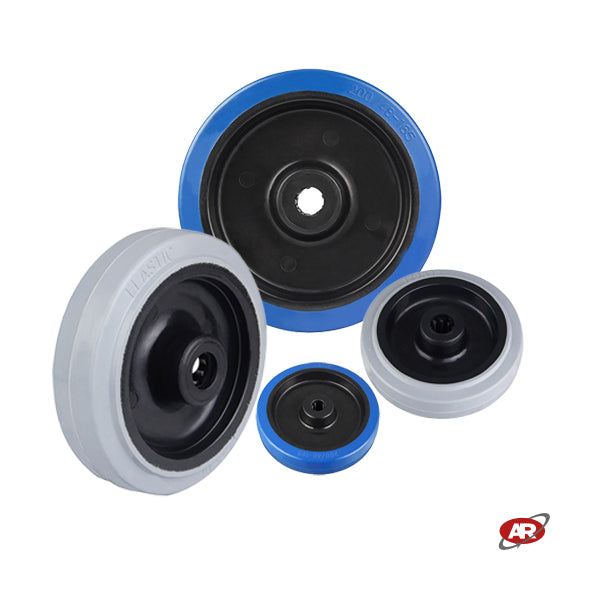 Roues en caoutchouc élastique | BLEU OU GRIS | Diamètre de 80 à 250 mm | Glissière de la cage à aiguilles