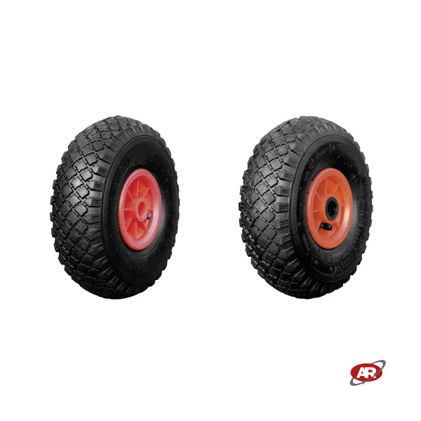 Ruote pneumatica PER CARRELLI in nucleo in plastica | 10“x3.00-4 | 260 x 85 | Foro a BOCCOLA o Gabbia a RULLINI di 25 mm | PR1806