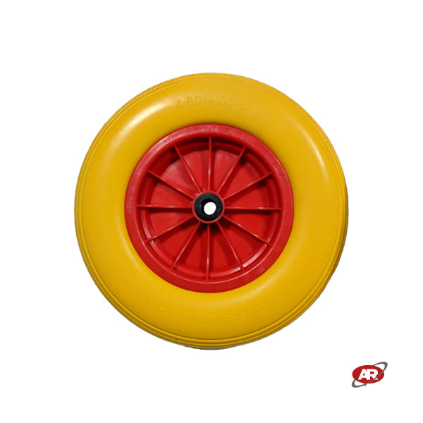 Roue increvable POUR BROUETTES avec noyau en plastique | 16“x4.00-8 | 400x85 | Bande de roulement A | Alésage de cage à rouleaux de 20 mm | FFP1302RBY