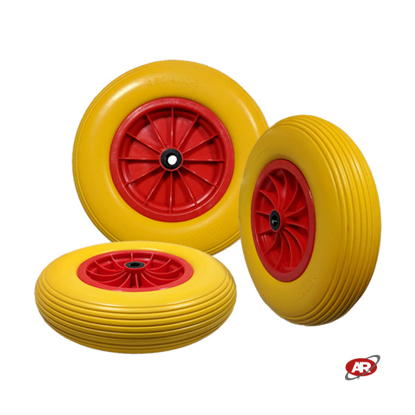 Roue increvable POUR BROUETTES avec noyau en plastique | 16“x4.00-8 | 400x85 | Bande de roulement A | Alésage de cage à rouleaux de 20 mm | FFP1302RBY