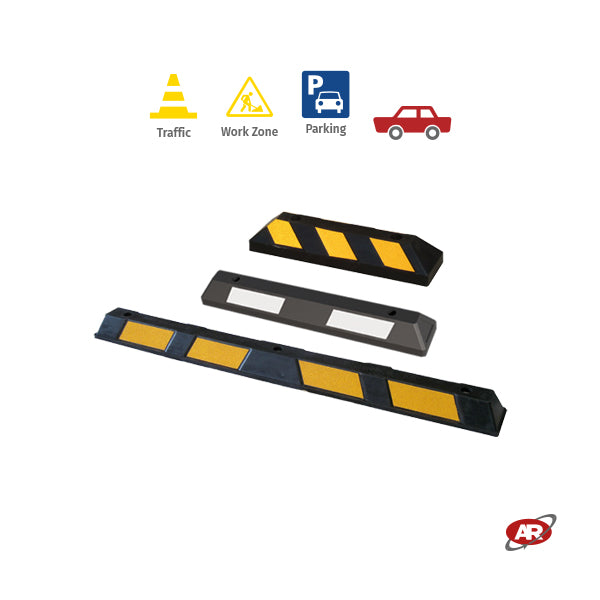 Butées de roue en caoutchouc noir | DÉLIMITEURS | Bloc de véhicule | Aires de repos | GARAGE | STATIONNEMENT | Enjoliveurs avec réflecteurs jaunes ou blancs | DH-PB